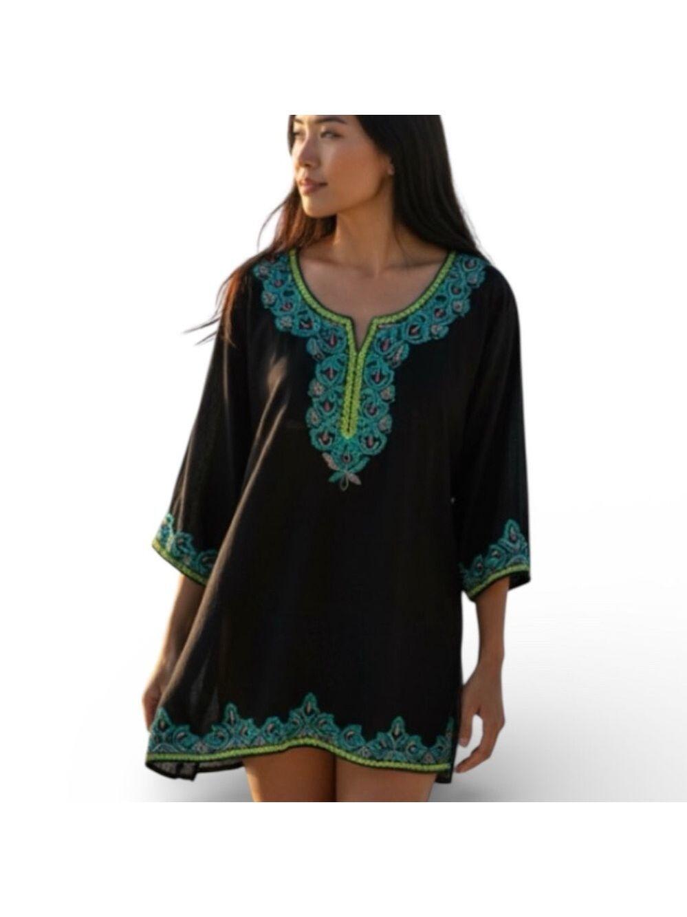 Lucky & Coco Beaded Black Sheer Coverup Tunic Top Hand Beaded Size Small